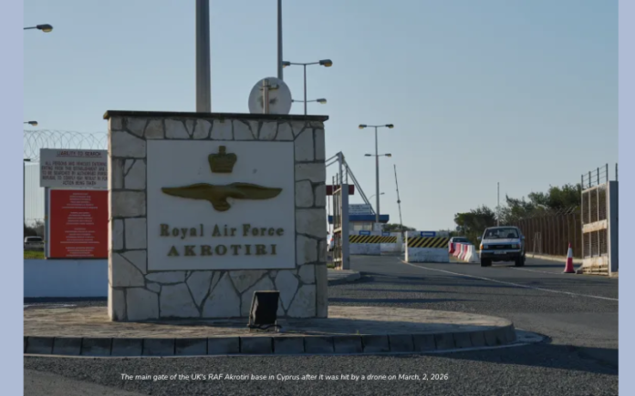 The main gate of the UK's RAF Akrotiri base in Cyprus after it was hit by a drone on March, 2, 2026